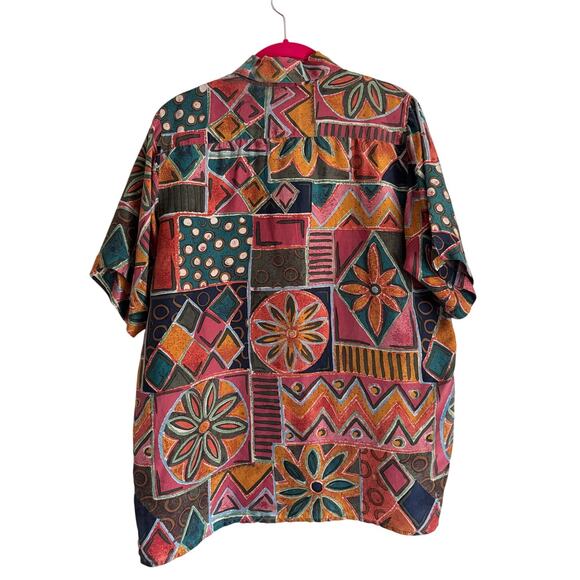 Vintage 100% Silk Patchwork Button Up Shirt Wearable Art Artsy Geometric Hippie - Picture 2 of 8